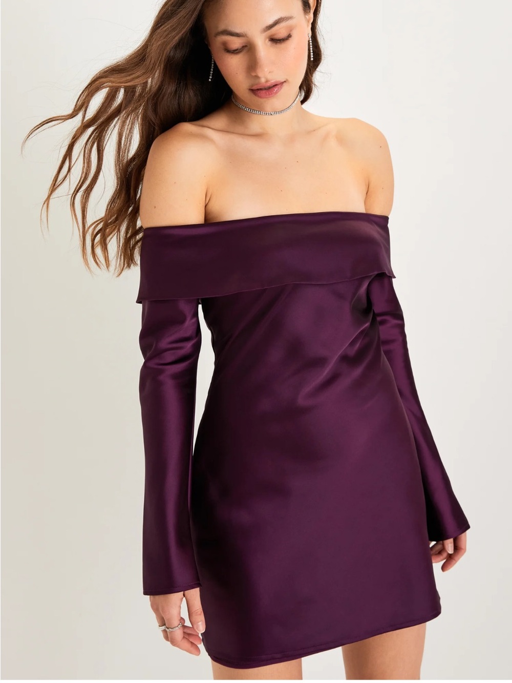 Lulus Luxurious Vision Plum Purple Satin Off-the-Shoulder Mini Dress